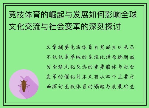 竞技体育的崛起与发展如何影响全球文化交流与社会变革的深刻探讨